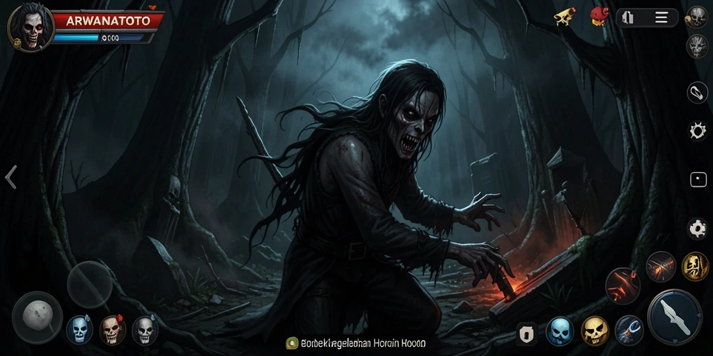 Tampilan gameplay ARWANATOTO yang menyeramkan dan menegangkan.