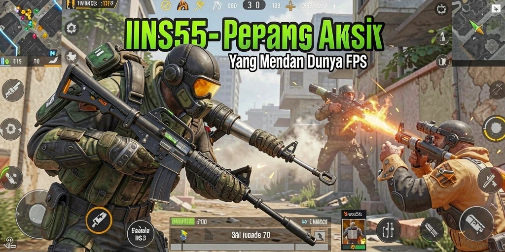 Screenshot utama menunjukkan aksi tembak-menembak intens dalam game FPS.