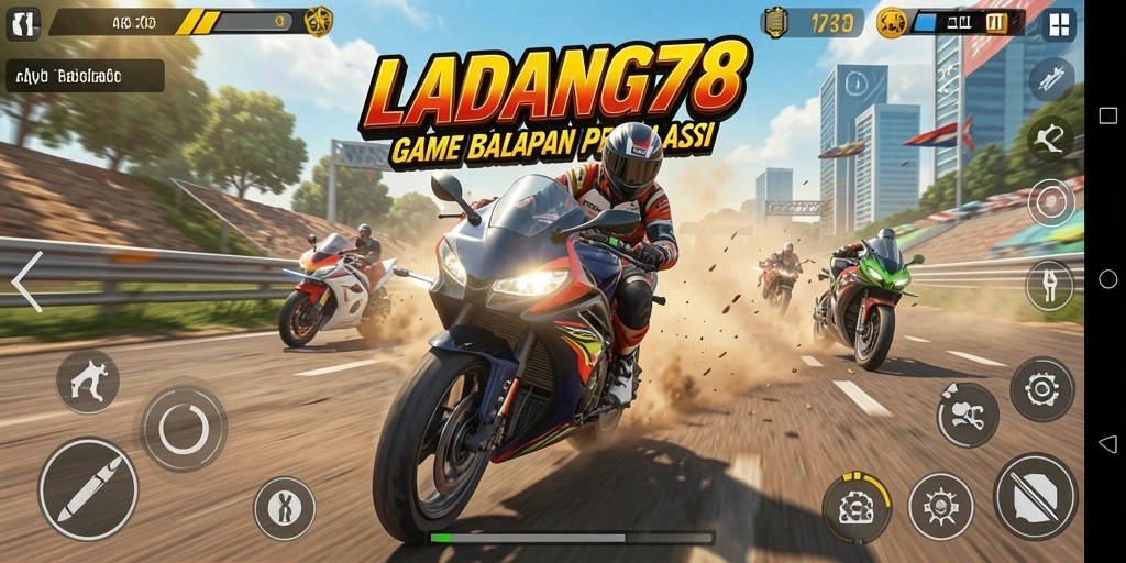Menampilkan gameplay balapan motor yang mendebarkan dalam LADANG78.