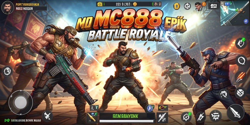 Screenshot gameplay MC888 menampilkan aksi pertarungan intens Battle Royale.