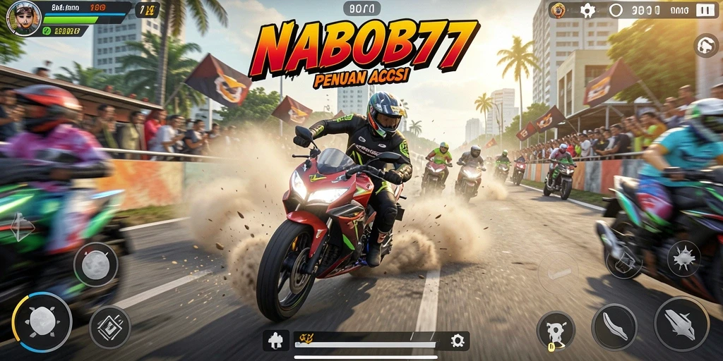 Screenshot gameplay NABOB77 menampilkan balapan motor yang mendebarkan.