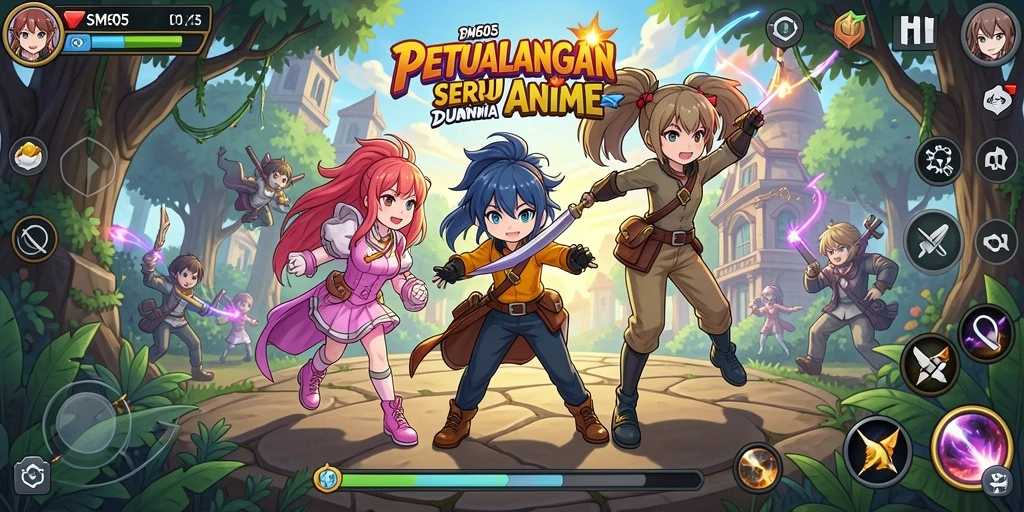 Tampilan permainan SM605 menampilkan karakter anime yang beraksi dinamis.