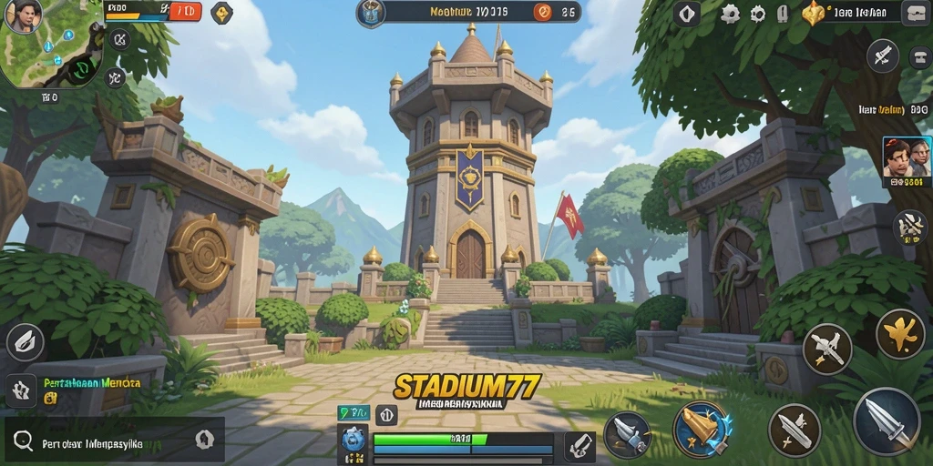 Tangkapan layar STADIUM77 menampilkan aksi strategi Tower Defense yang mendebarkan.