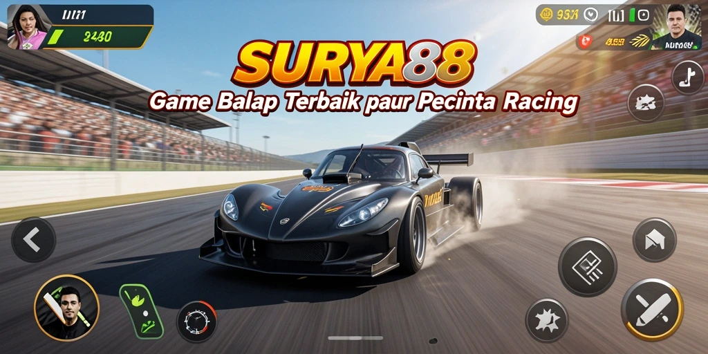 Tampilan gameplay SURYA88 menampilkan mobil balap yang melaju cepat di trek yang mendebarkan.
